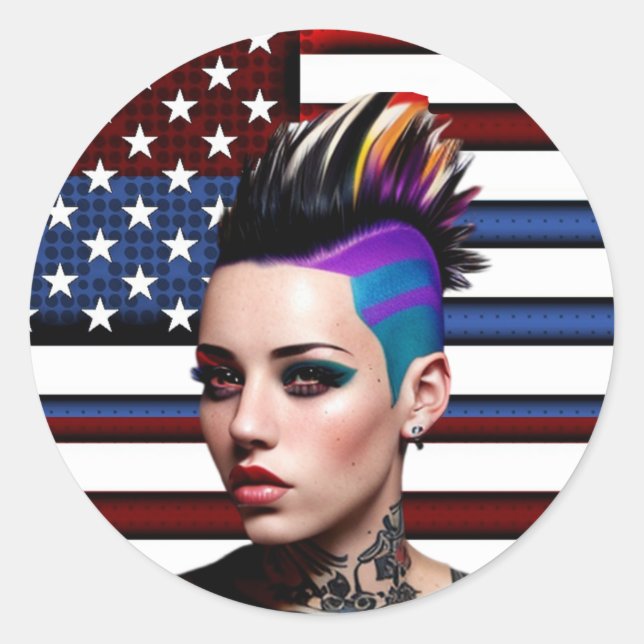 Sticker Rond Fille punk mohawk avec drapeau américain (Devant)