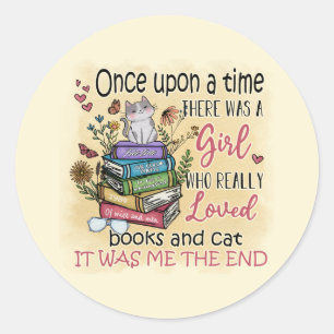 Sticker Rond Fille qui aime les livres et les chats