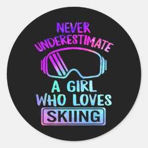 Sticker Rond Fille Qui Aime Skier Femme Ski Snowboard