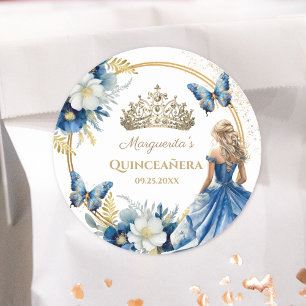 Sticker Rond Fille Quinceañera Papillon Tiare Or Floral Bleu