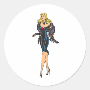 Sticker Rond Fille Rétro Blonde Pin-Up de Glamour Vintage