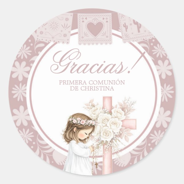 Sticker Rond Fille rose agenouillée Primera Comunion (Devant)