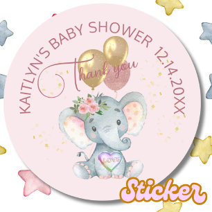 Sticker Rond Fille rose Baby shower d'éléphant floral Merci