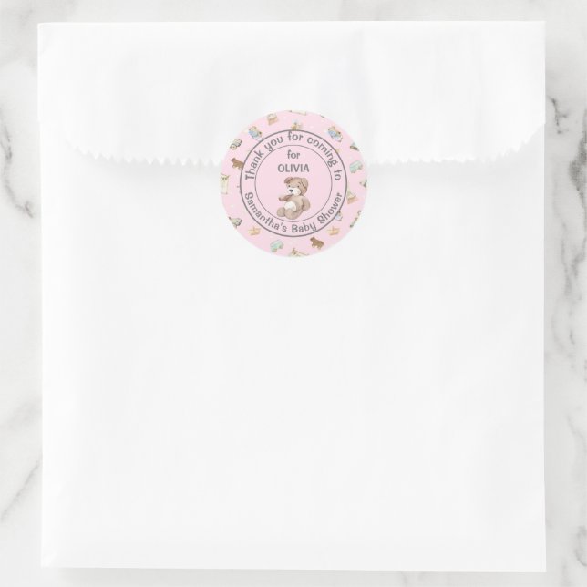 Sticker Rond Fille rose Baby shower Faveur, Merci (Sac)