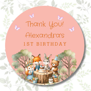 Sticker Rond Fille rose Bois Animaux 1er Anniversaire Merci