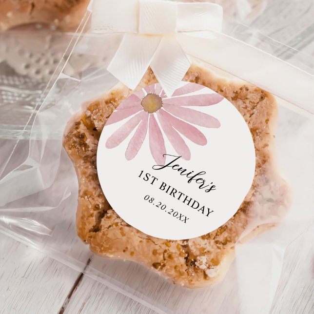 Sticker Rond Fille rose Daisy Première fête d'anniversaire (Créateur téléchargé)