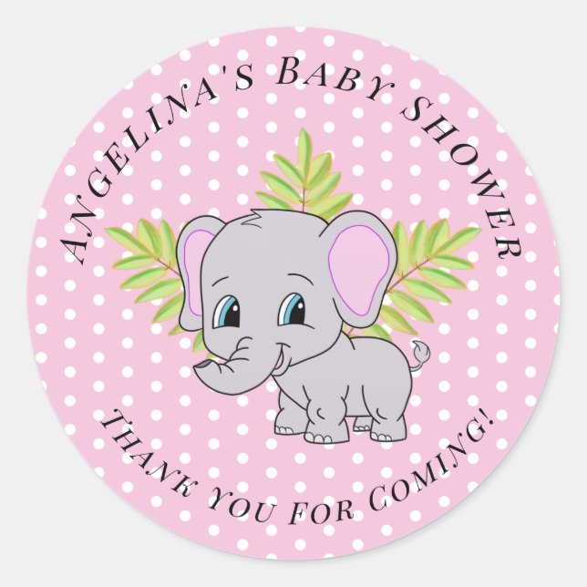 Sticker Rond Fille rose Eléphant mignon Baby shower (Devant)