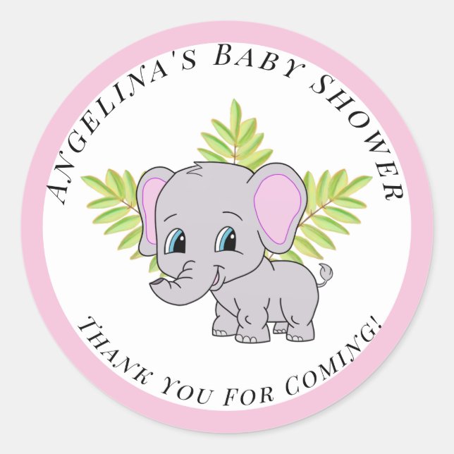 Sticker Rond Fille rose Eléphant mignon Baby shower (Devant)