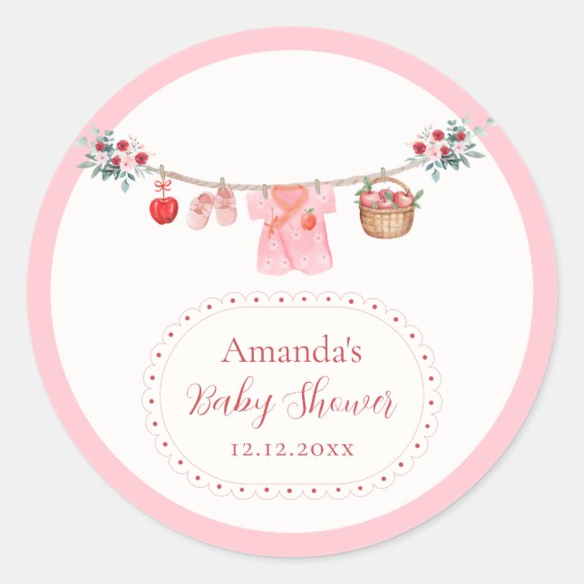 Sticker Rond Fille rose Fleur Pomme Linge bébé Shower  (Devant)