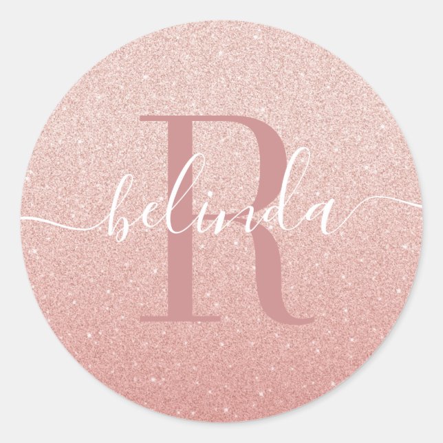 Sticker Rond Fille Rose Gold Blush Pink Monogramme Nom (Devant)