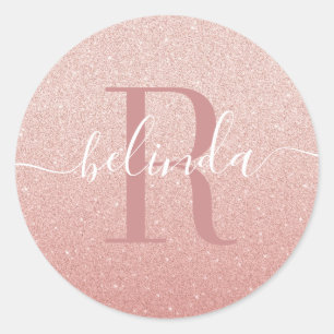 Sticker Rond Fille Rose Gold Blush Pink Monogramme Nom
