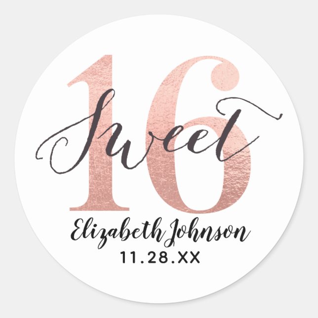 Sticker Rond Fille Rose Gold Foil Sweet 16 Anniversaire (Devant)