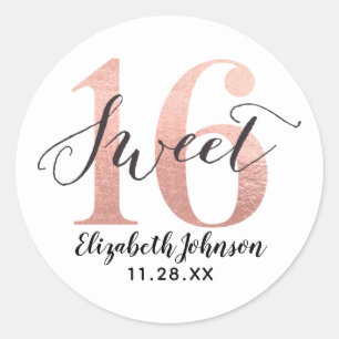 Sticker Rond Fille Rose Gold Foil Sweet 16 Anniversaire