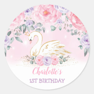 Sticker Rond Fille Rose Lavande Swan Princesse Anniversaire Fav