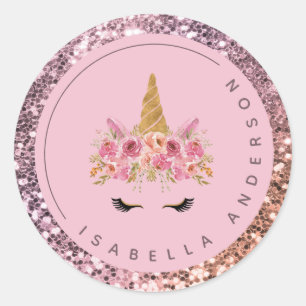 Sticker Rond Fille rose Ombre Parties scintillant Unicorn