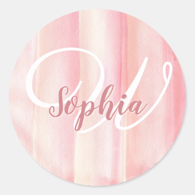 Sticker Rond Fille Rose or Aquarelle Blush Monogramme Nom (Devant)
