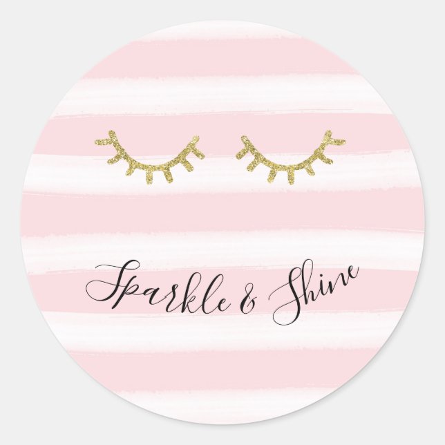 Sticker Rond Fille rose rayures Parties scintillant or Eyelashe (Devant)