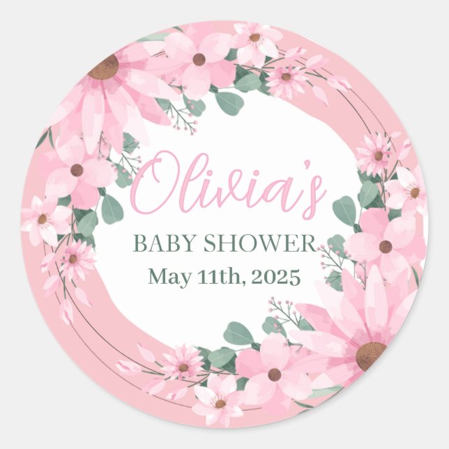 Sticker Rond Fille rose rousse dans le Baby shower fleuri (Devant)