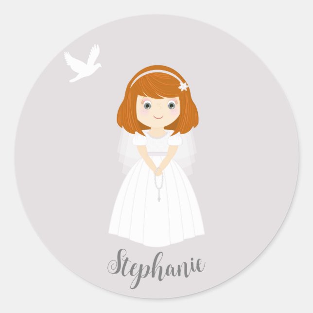 Sticker Rond Fille rousse de la colombe communion (Devant)
