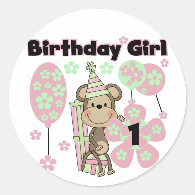 Sticker Rond Fille Singe Avec Cadeaux 1er Anniversaire Tshirts (Devant)