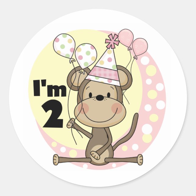 Sticker Rond Fille singe en Casquette de fête 2e anniversaire (Devant)