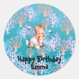 Sticker Rond fille sirène magique sous le pastel arc-en-ciel de