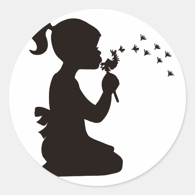 Sticker Rond Fille soufflant sur la silhouette de Dandelion (Devant)