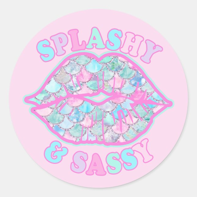 Sticker Rond Fille Splashy & Sassy Rose Turquoise Mermaid Kiss (Devant)