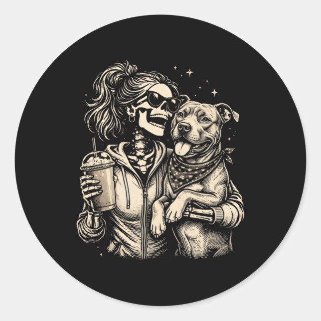 Sticker Rond Fille squelette serrant un chien - Amoureux de com (Devant)
