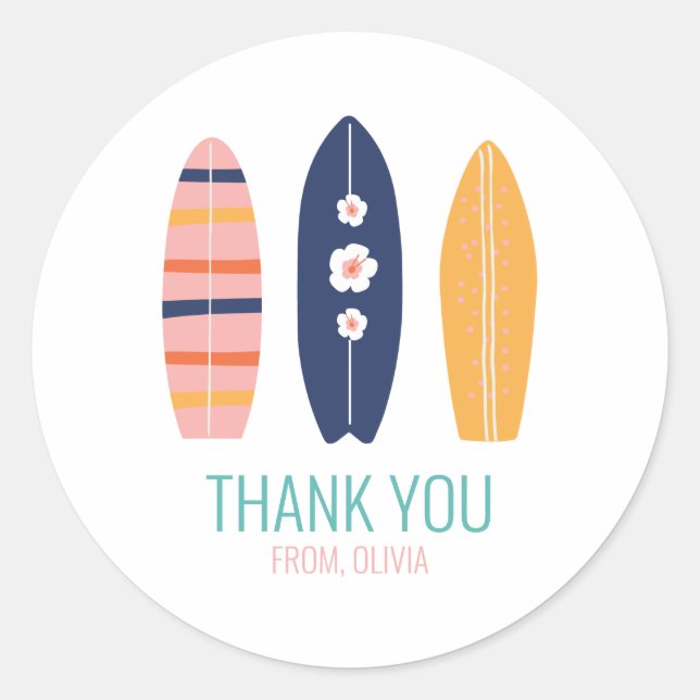 Sticker Rond Fille Surfboard Beach anniversaire Merci Favor (Devant)
