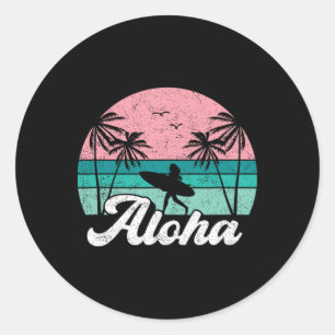 Sticker Rond Fille surfeuse aloha Hawaï Surf hawaïen vintage
