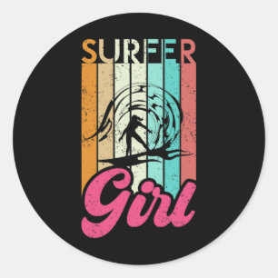 Sticker Rond Fille surfeuse planche de surf femmes surf océan R