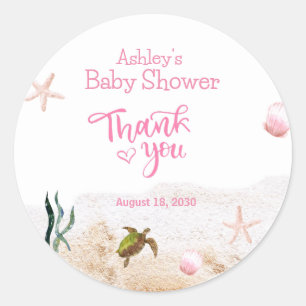 Sticker Rond Fille Tortue de Mer Océan Merci Cadeau Baby Shower