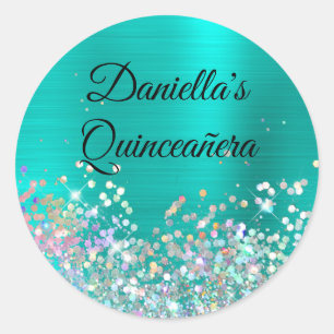 Sticker Rond Fille Turquoise Foil Holo Parties scintillant Anni