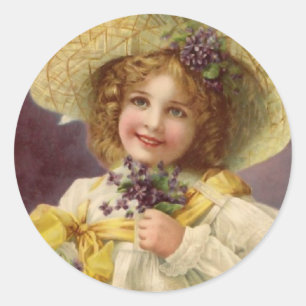 Sticker Rond Fille vintage aux fleurs de violet