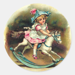 Sticker Rond Fille vintage avec Cheval Rocheux