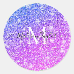 Sticker Rond Fille violet et rose Parties scintillant Monogramm