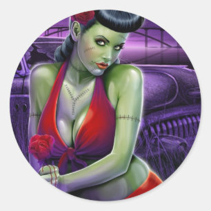 Sticker Rond fille zombie amour avec voiture vintage rose
