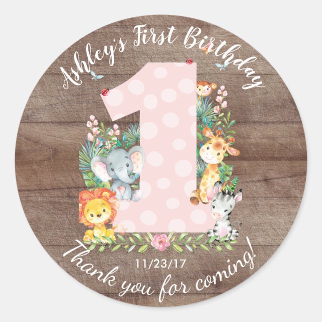 Sticker Rond Filles 1er Anniversaire Jungle Animaux Favoriser S (Devant)