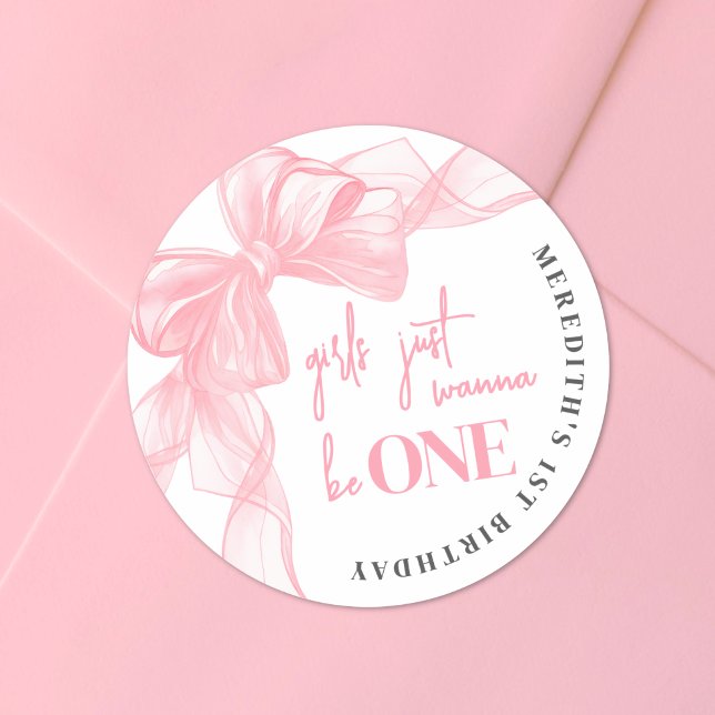 Sticker Rond Filles au nœud rose 1er anniversaire (Pink Bow Girls 1st Birthday Classic Round Sticker )