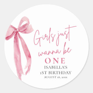 Sticker Rond Filles au Nœud Rose Just Want To Be One 1st Annive