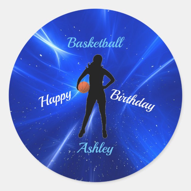 Sticker Rond Filles Basketball Bleu Anniversaire (Devant)