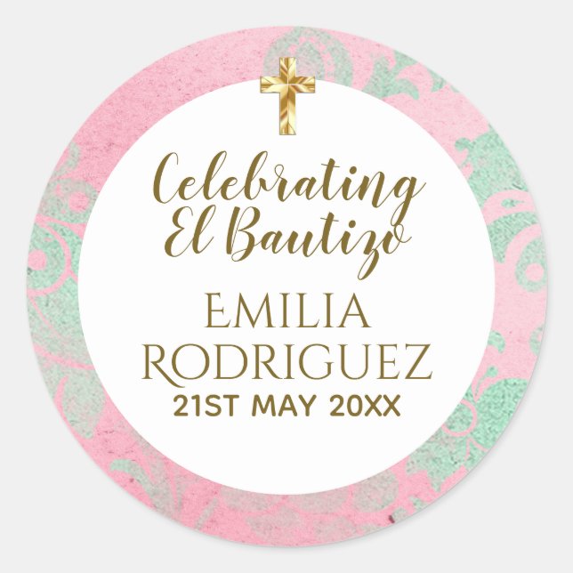 Sticker Rond Filles Bautizo Pink Mint Green Damask Gold Cross (Devant)