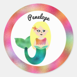 Sticker Rond Filles Blonde personnalisées Faux Foil Foil Sirène