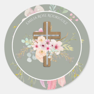 Sticker Rond Filles Croix Florale Bautizo Baptême rose Fleurs