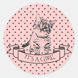 Sticker Rond Filles Cute Kitten Chat Baby shower rose