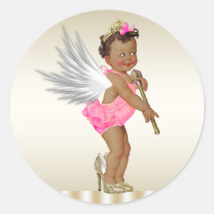 Sticker Rond Filles d'ange à talons hauts en or rose Fête bébé