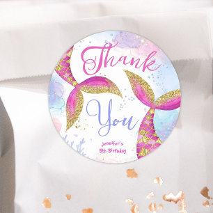 Sticker Rond Filles d'anniversaire de Sirène Or rose