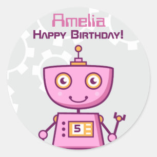 Sticker Rond Filles de robot rose Joyeux Anniversaire