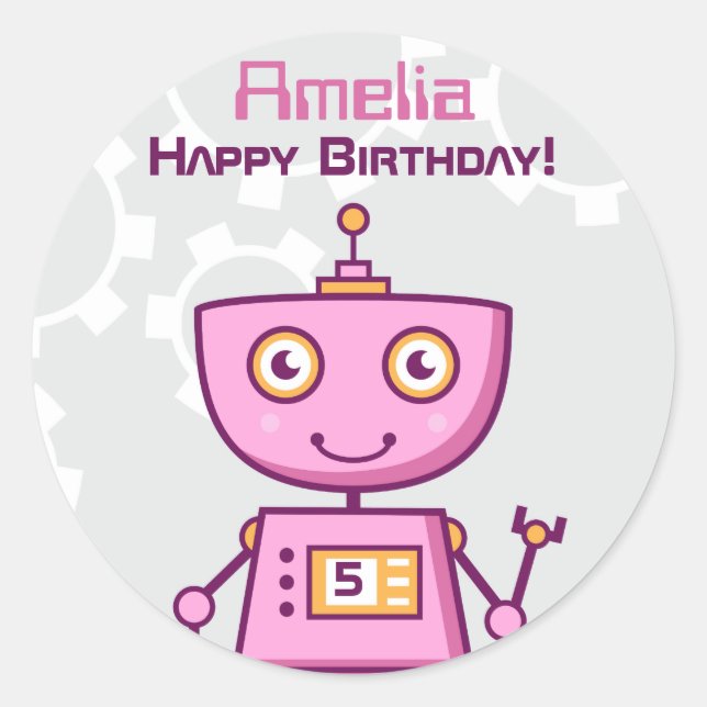 Sticker Rond Filles de robot rose Joyeux Anniversaire (Devant)